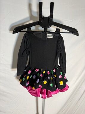 Vintage 80s Isabella Black Long Sleeve Dress with Colorful Polka Dot Skirt